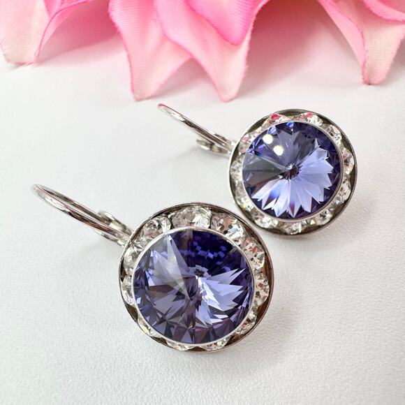 Vintage Rivoli Crystal Headlight Halo Stud Earrings Purple Sparkling Dazzling - Picture 1 of 12